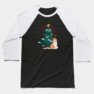 Merry Christmas Tree with Labradoodle Dog with Reindeer Ear Baseball T-Shirt